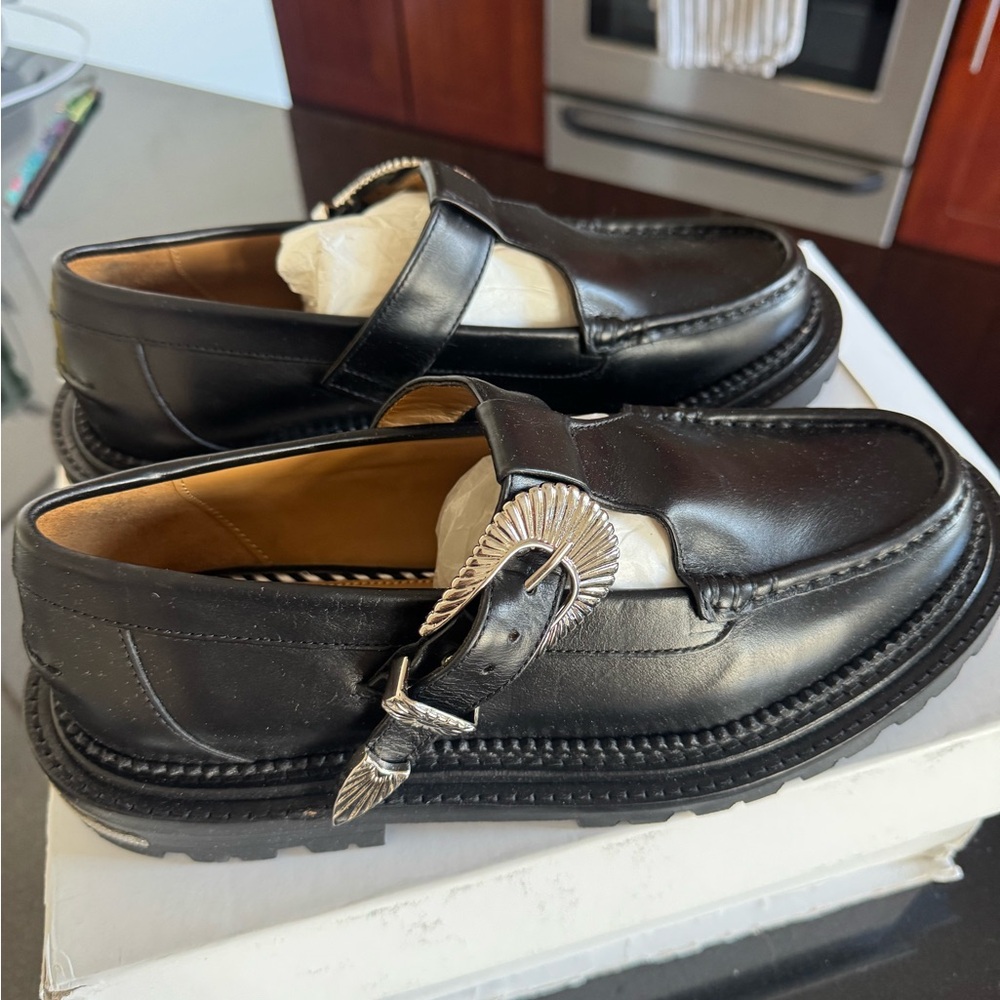 TOGA Pulla Black Leather Loafers with Silver Buckle size 40